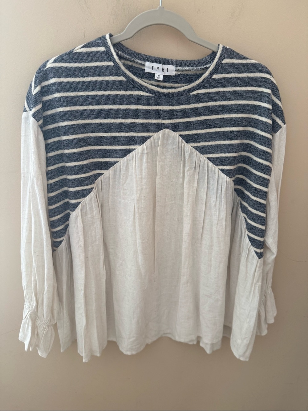 THML Gray & Cream Striped Mixed Media Linen Knit Long Sleeve Top size Small